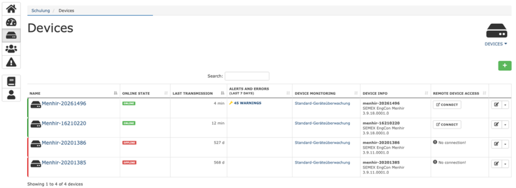 Online-Statusüberwachung – Live-Status aller MENHIR Erschütterungsmessgeräte in Echtzeit verfolgen